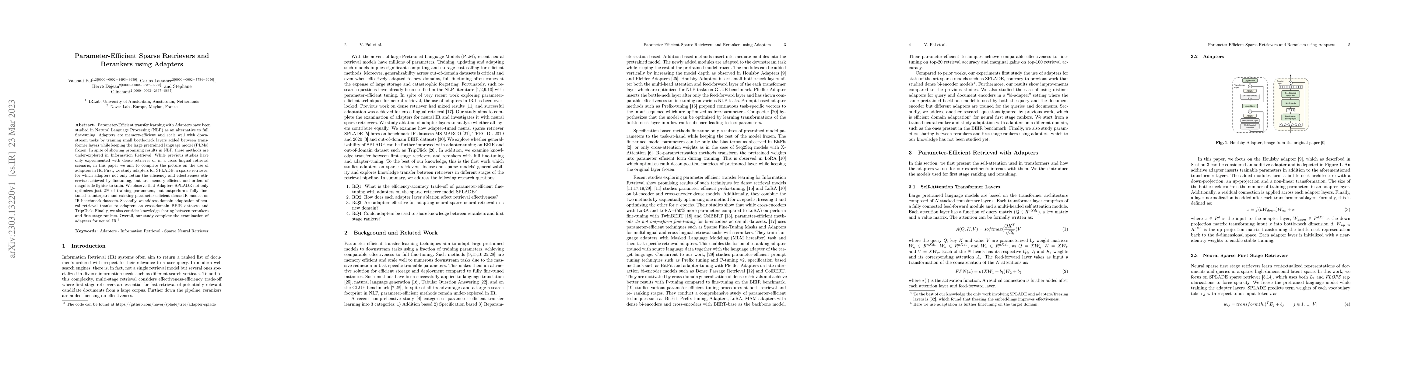 Thumbnail for Parameter-Efficient Sparse Retrievers and Rerankers using Adapters