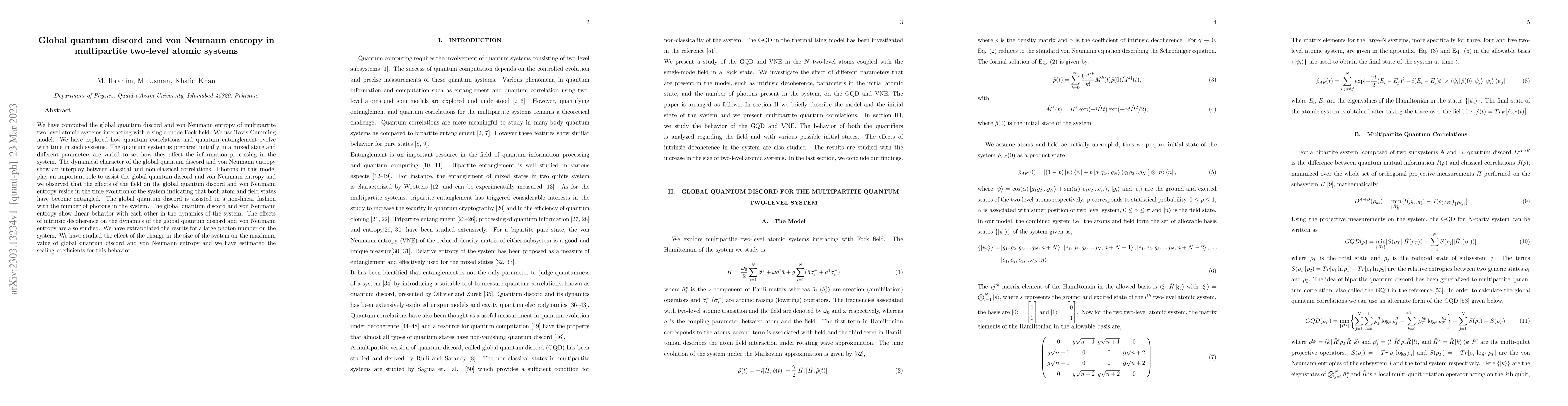 Thumbnail for Global quantum discord and von Neumann entropy in multipartite two-level
  atomic systems
