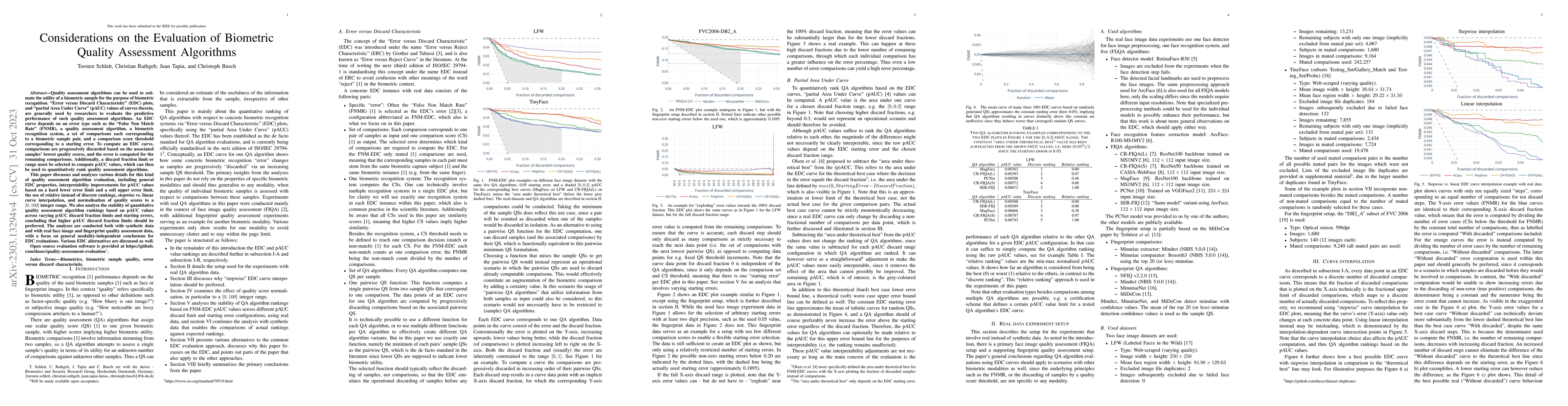 Thumbnail for Considerations on the Evaluation of Biometric Quality Assessment
  Algorithms