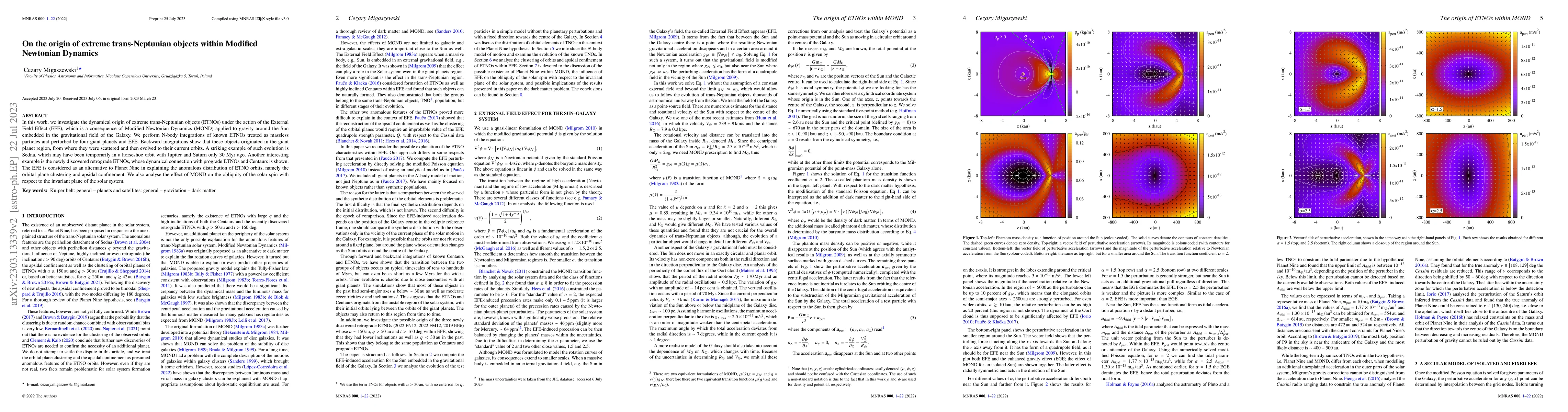 Thumbnail for On the origin of extreme trans-Neptunian objects within Modified
  Newtonian Dynamics