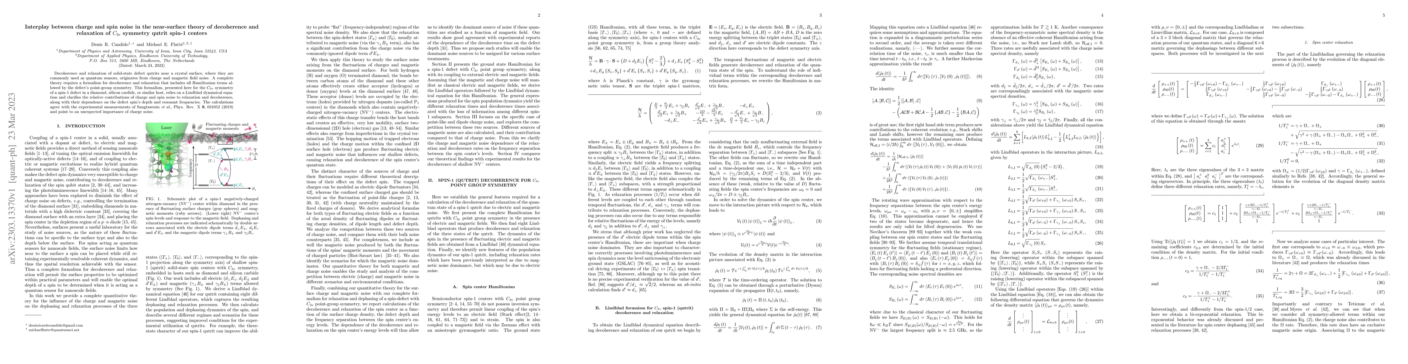 Thumbnail for Interplay between charge and spin noise in the near-surface theory of
  decoherence and relaxation of $C_{3v}$ symmetry qutrit spin-1 centers