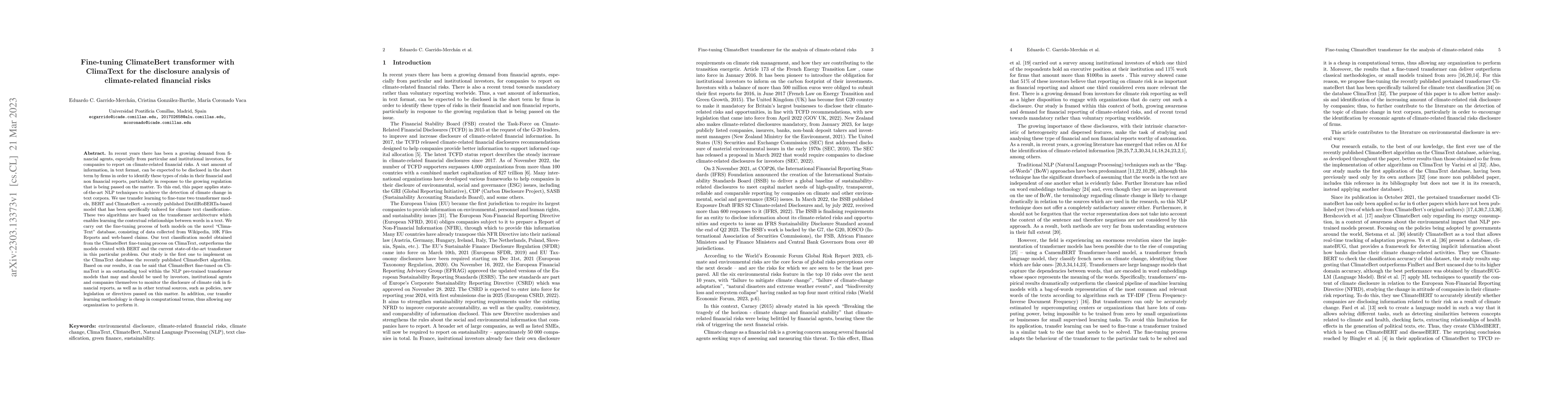 Thumbnail for Fine-tuning ClimateBert transformer with ClimaText for the disclosure
  analysis of climate-related financial risks