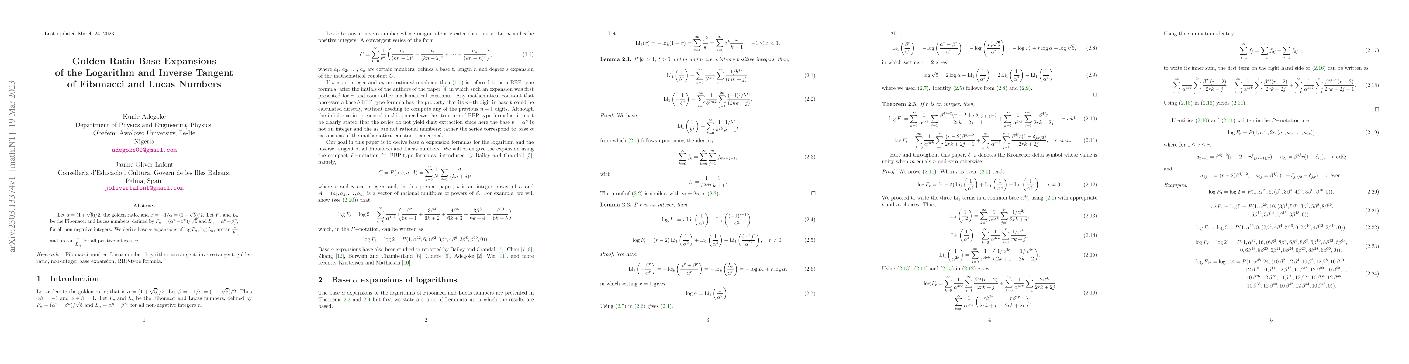 Thumbnail for Golden Ratio Base Expansions of the Logarithm and Inverse Tangent of
  Fibonacci and Lucas Numbers