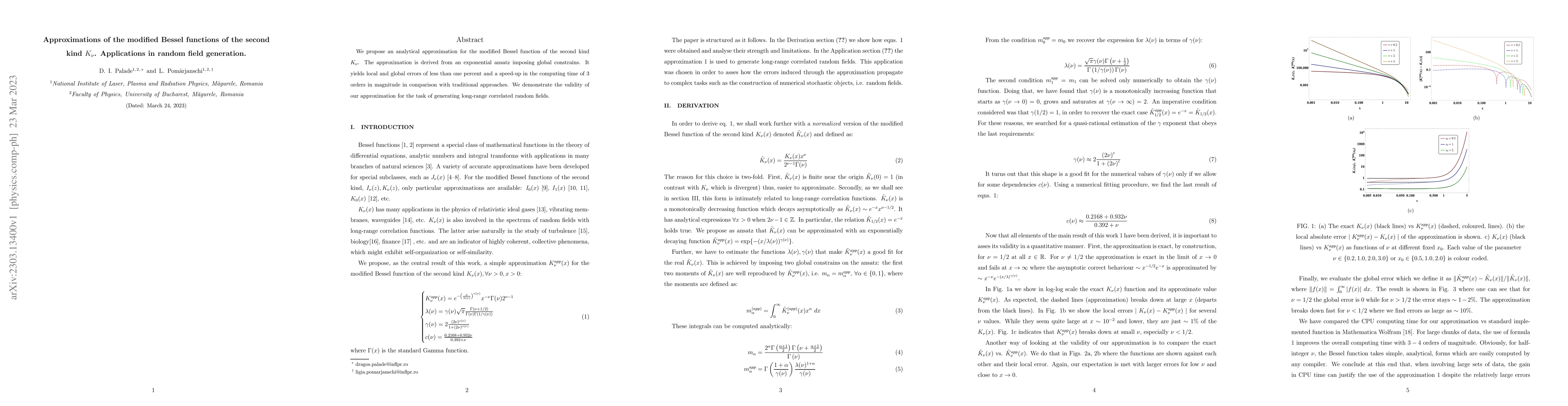Thumbnail for Approximations of the modified Bessel functions of the second kind
  $K_\nu$. Applications in random field generation