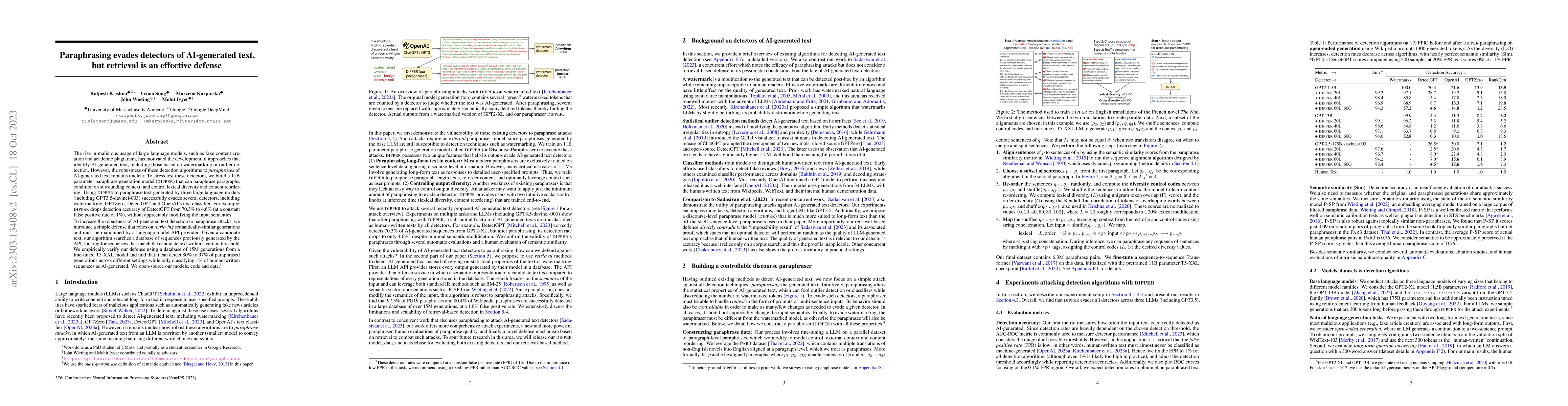 Thumbnail for Paraphrasing evades detectors of AI-generated text, but retrieval is an
  effective defense