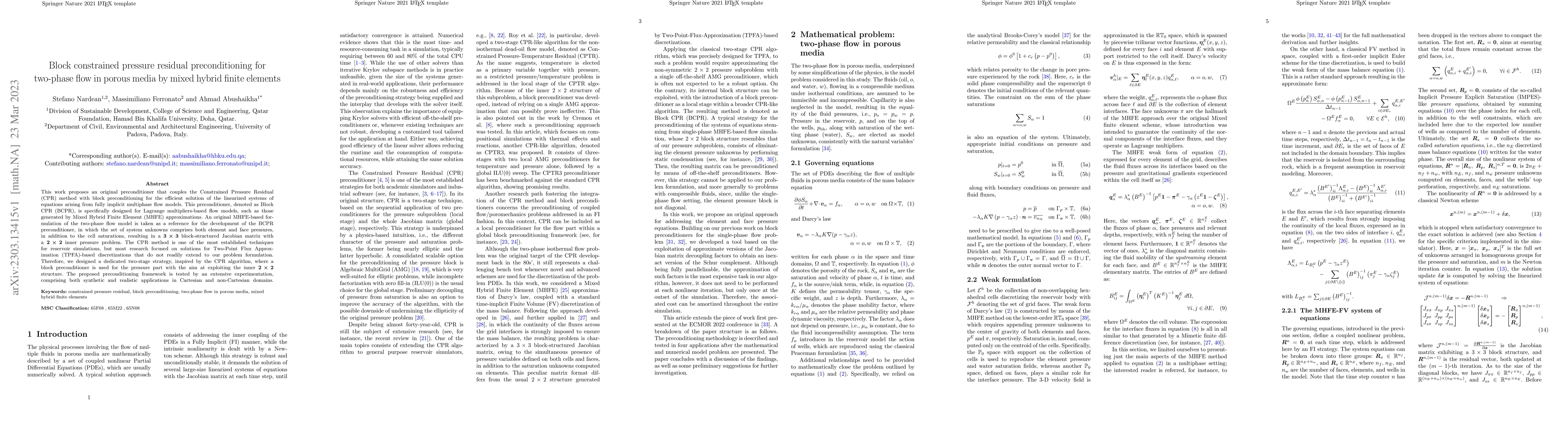 Thumbnail for Block constrained pressure residual preconditioning for two-phase flow
  in porous media by mixed hybrid finite elements
