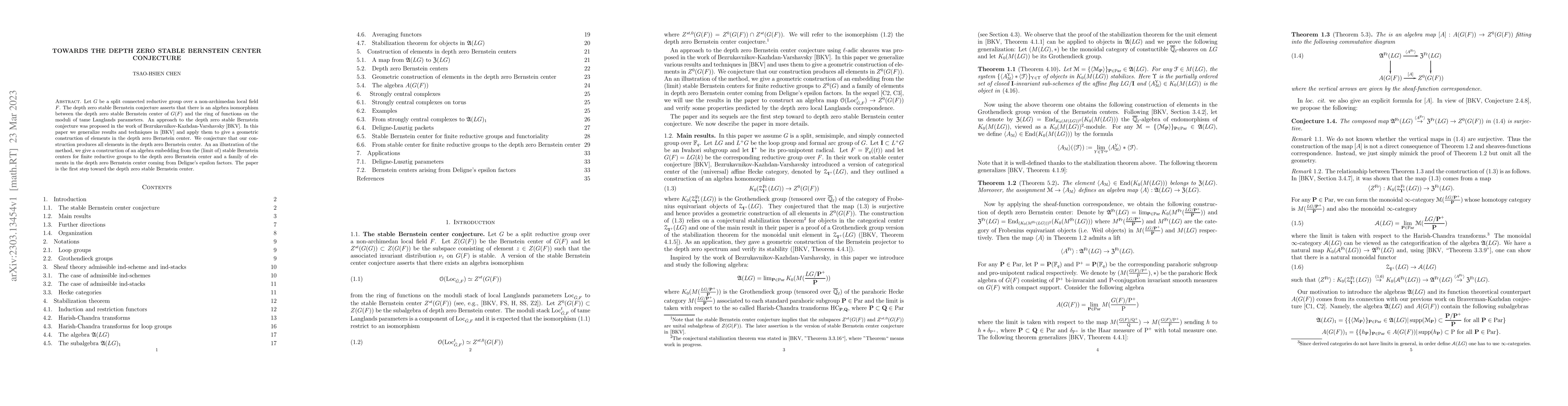 Thumbnail for Towards the depth zero stable Bernstein center conjecture