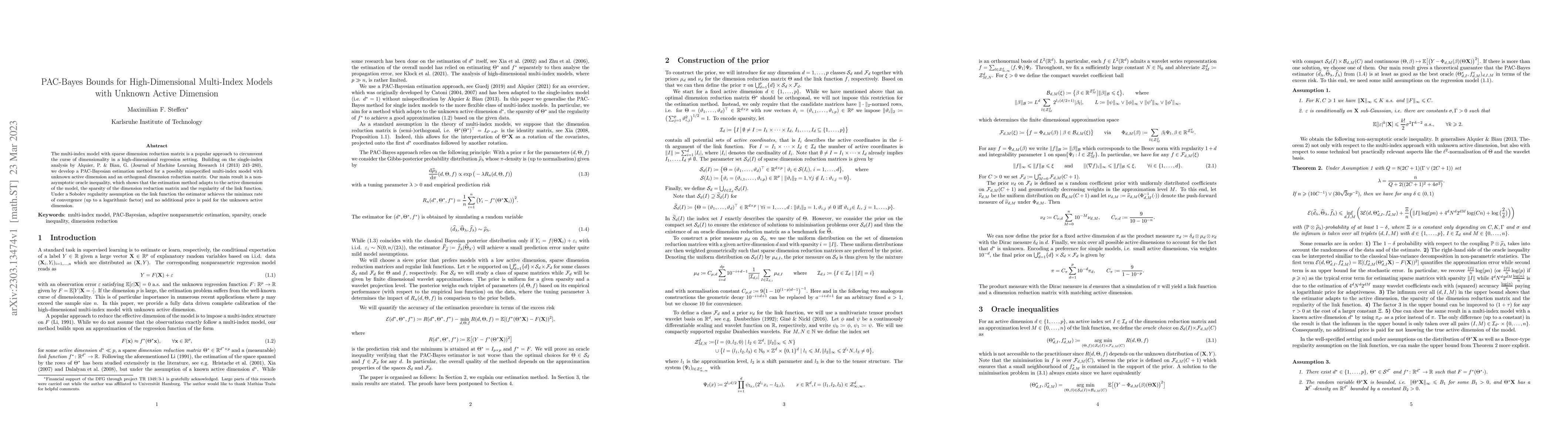 Thumbnail for PAC-Bayes Bounds for High-Dimensional Multi-Index Models with Unknown
  Active Dimension