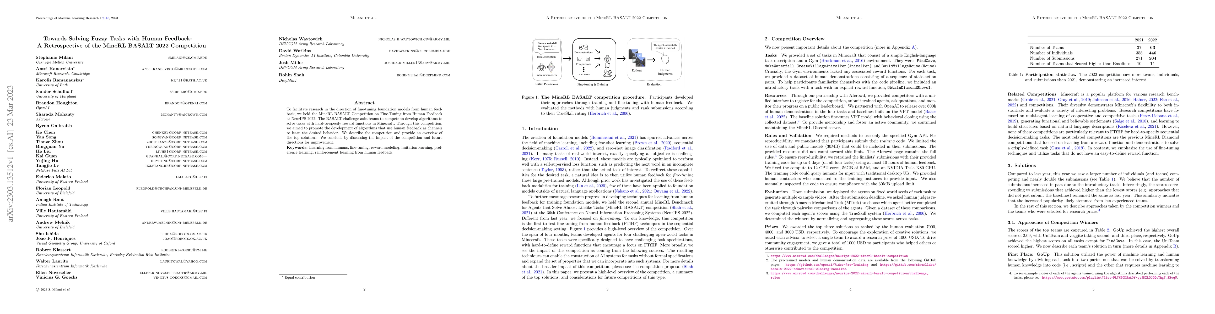 Thumbnail for Towards Solving Fuzzy Tasks with Human Feedback: A Retrospective of the
  MineRL BASALT 2022 Competition