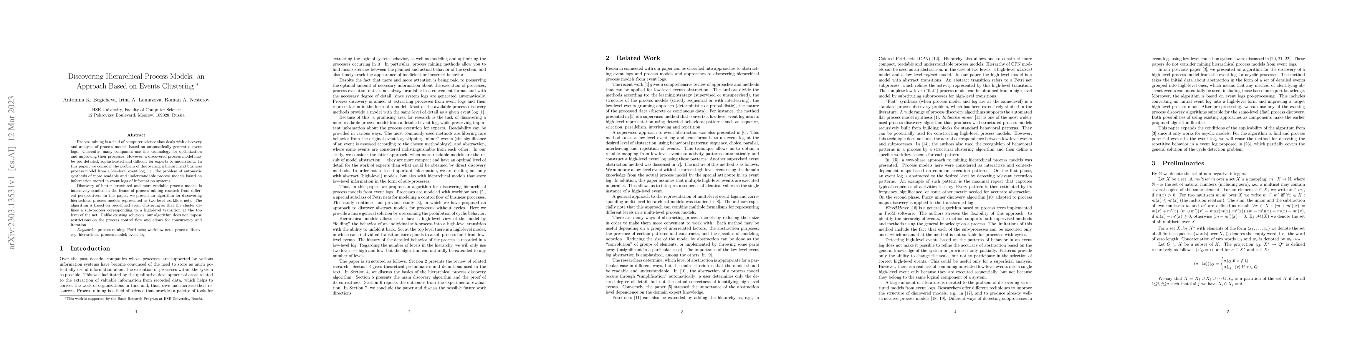 Thumbnail for Discovering Hierarchical Process Models: an Approach Based on Events
  Clustering