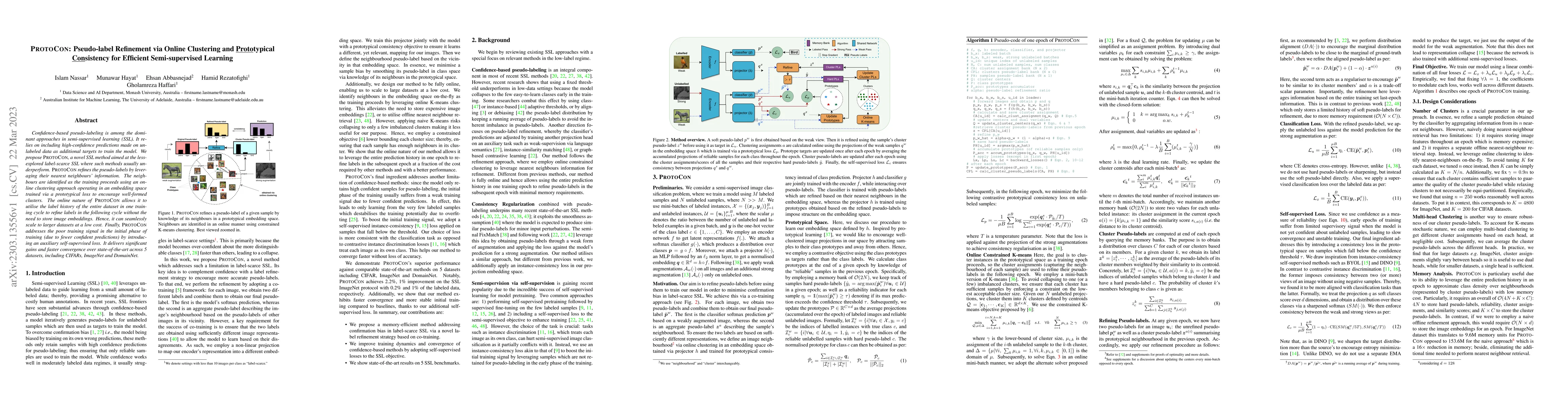 Thumbnail for ProtoCon: Pseudo-label Refinement via Online Clustering and Prototypical
  Consistency for Efficient Semi-supervised Learning