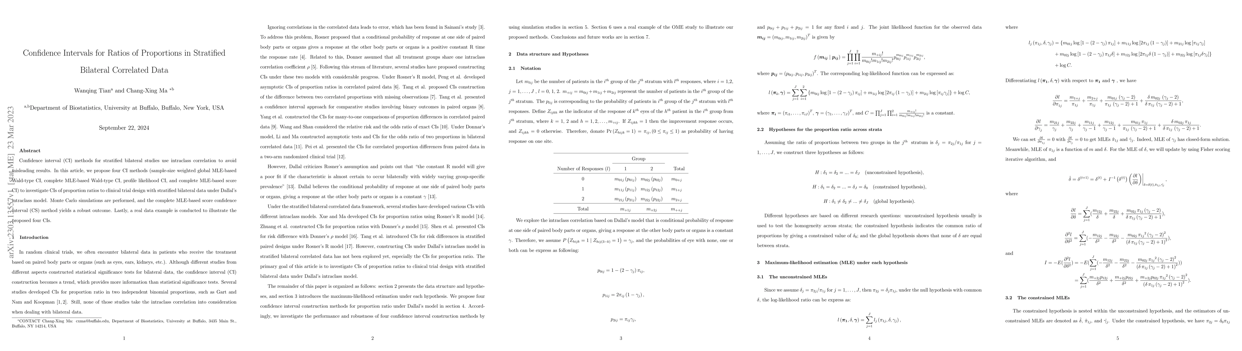 Thumbnail for Confidence Intervals for Ratios of Proportions in Stratified Bilateral
  Correlated Data