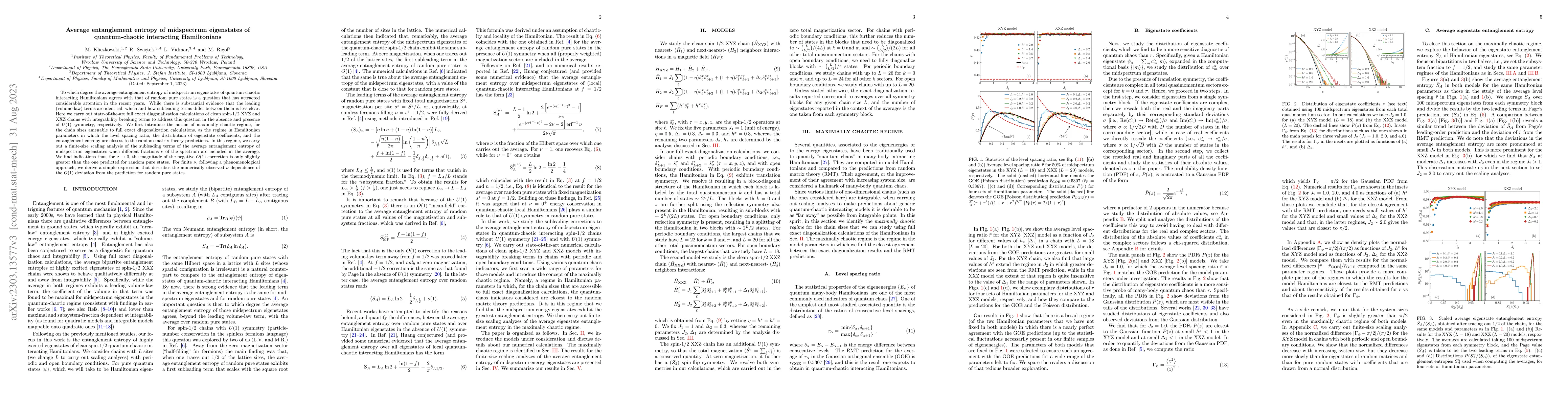Thumbnail for Average entanglement entropy of midspectrum eigenstates of
  quantum-chaotic interacting Hamiltonians