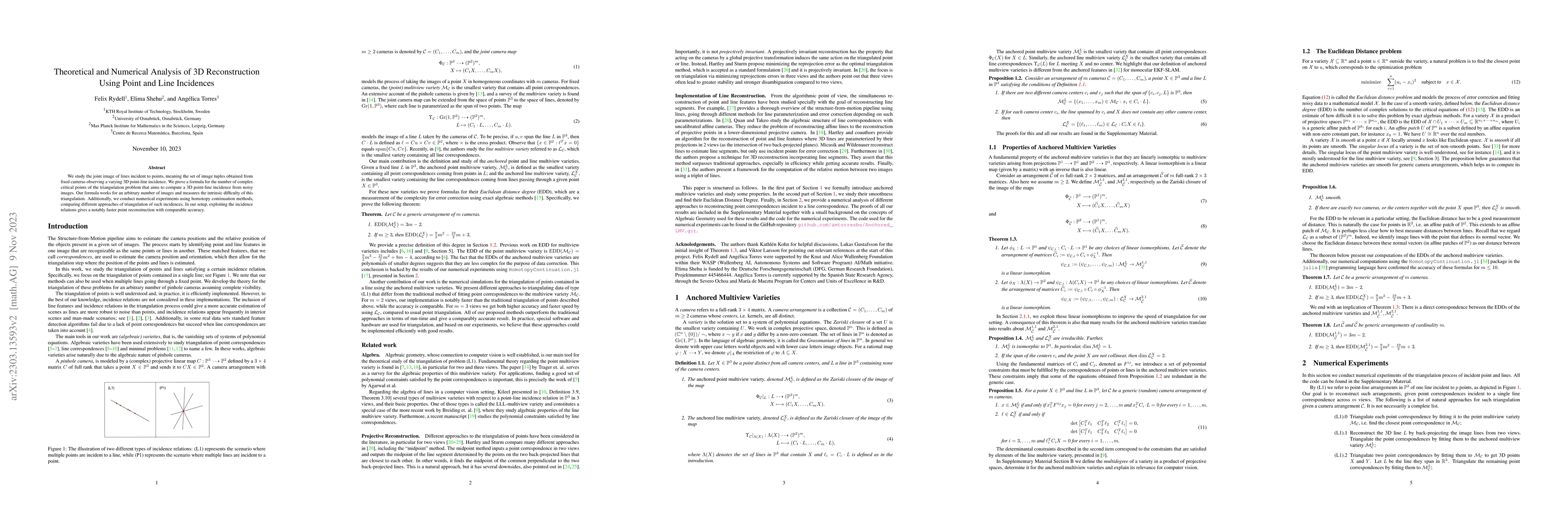 Thumbnail for Theoretical and Numerical Analysis of 3D Reconstruction Using Point and
  Line Incidences