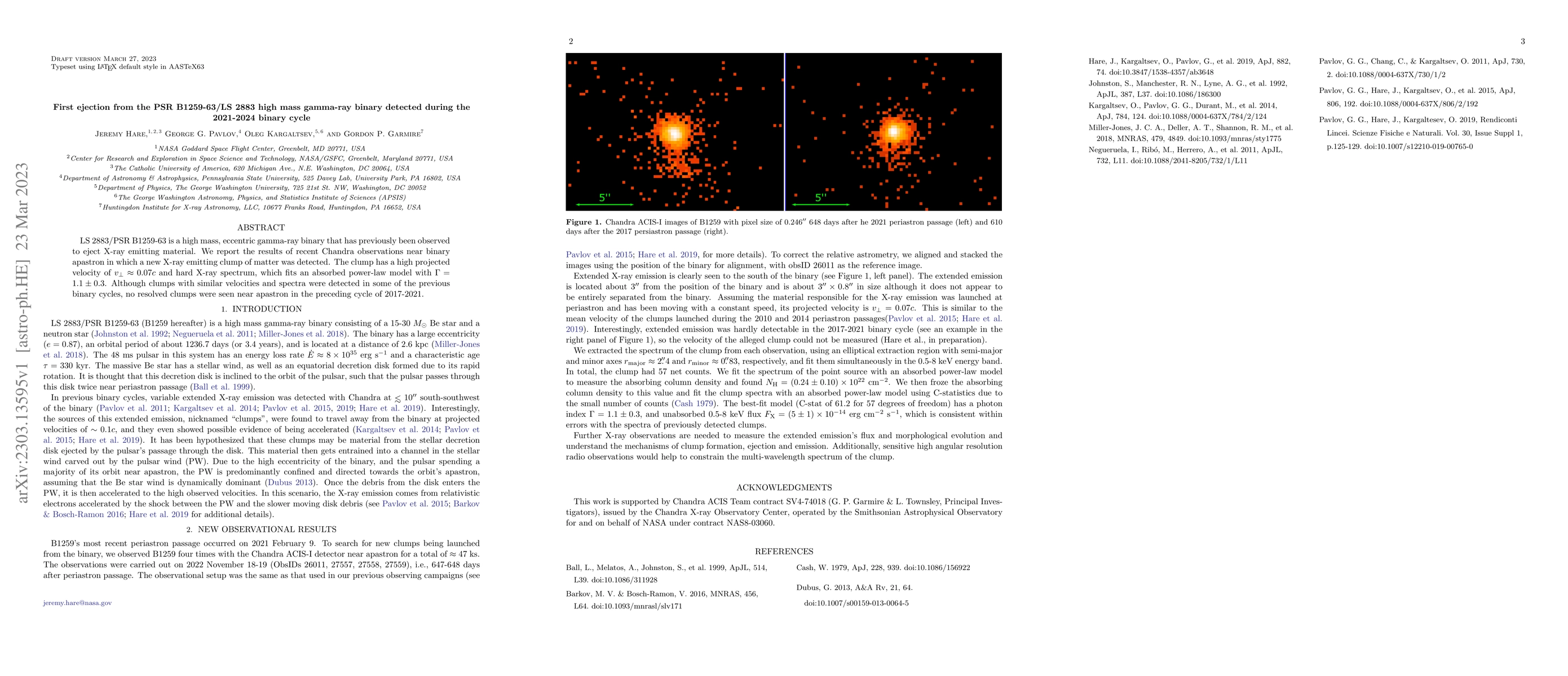 Thumbnail for First ejection from the PSR B1259-63/LS 2883 high mass gamma-ray binary
  detected during the 2021-2024 binary cycle