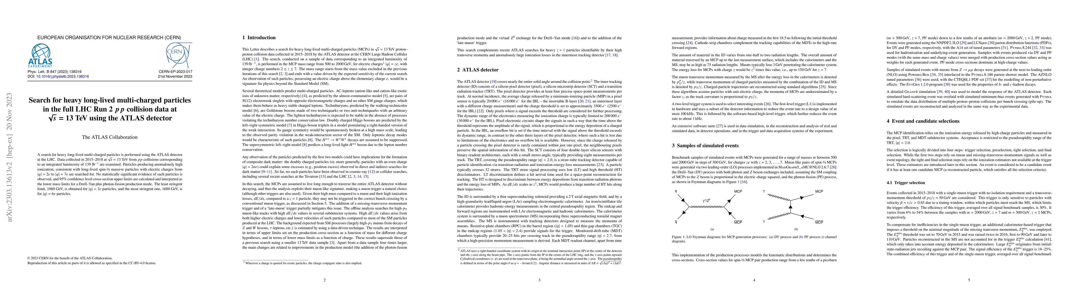 Thumbnail for Search for heavy long-lived multi-charged particles in the full LHC Run
  2 $pp$ collision data at $\sqrt{s}$ = 13 TeV using the ATLAS detector