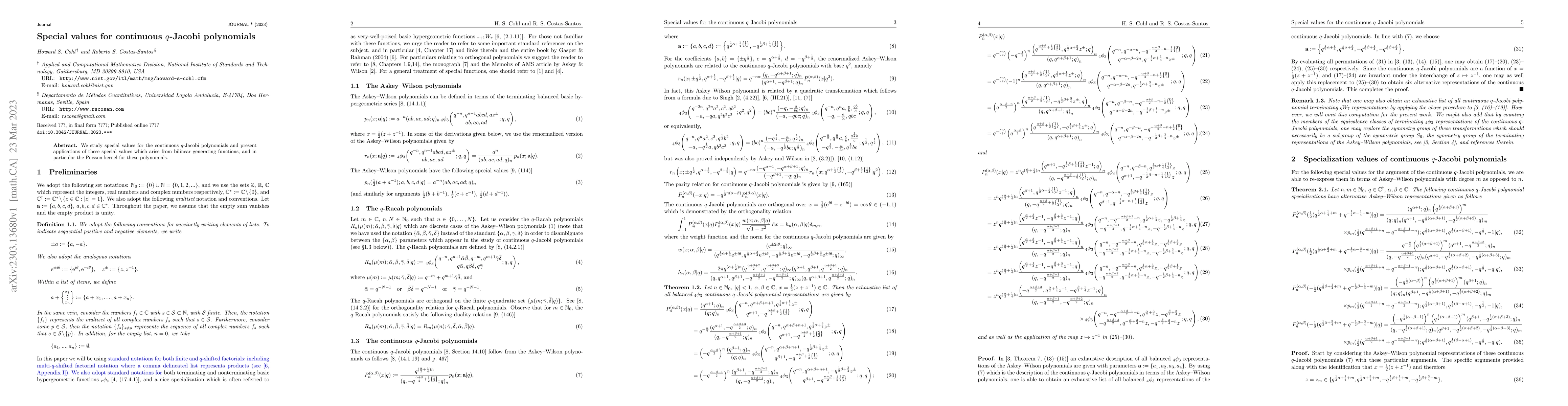 Thumbnail for Special values for continuous $q$-Jacobi polynomials