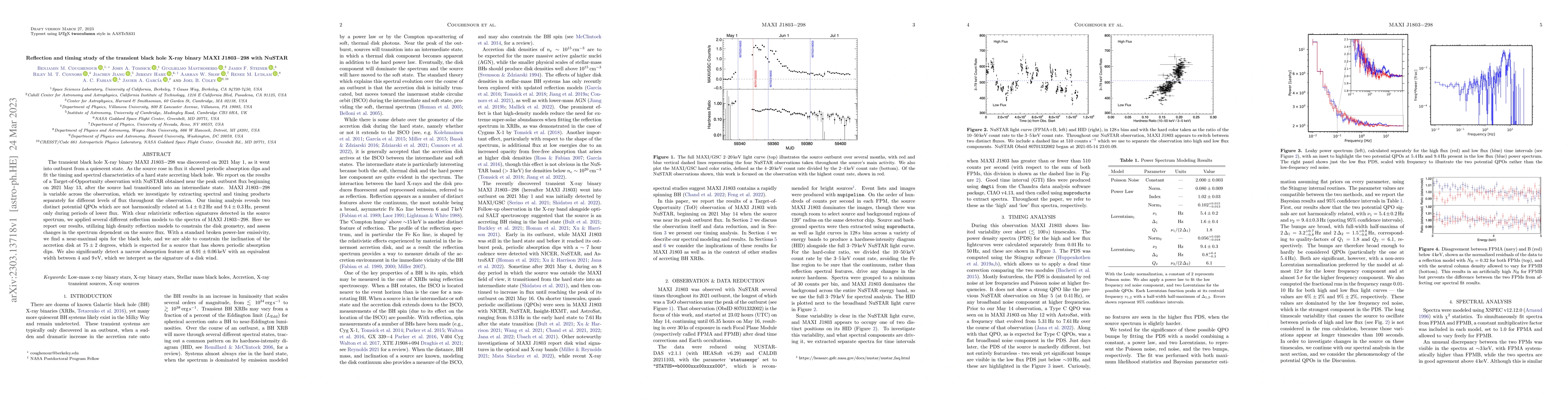 Thumbnail for Reflection and timing study of the transient black hole X-ray binary
  MAXI J1803-298 with NuSTAR