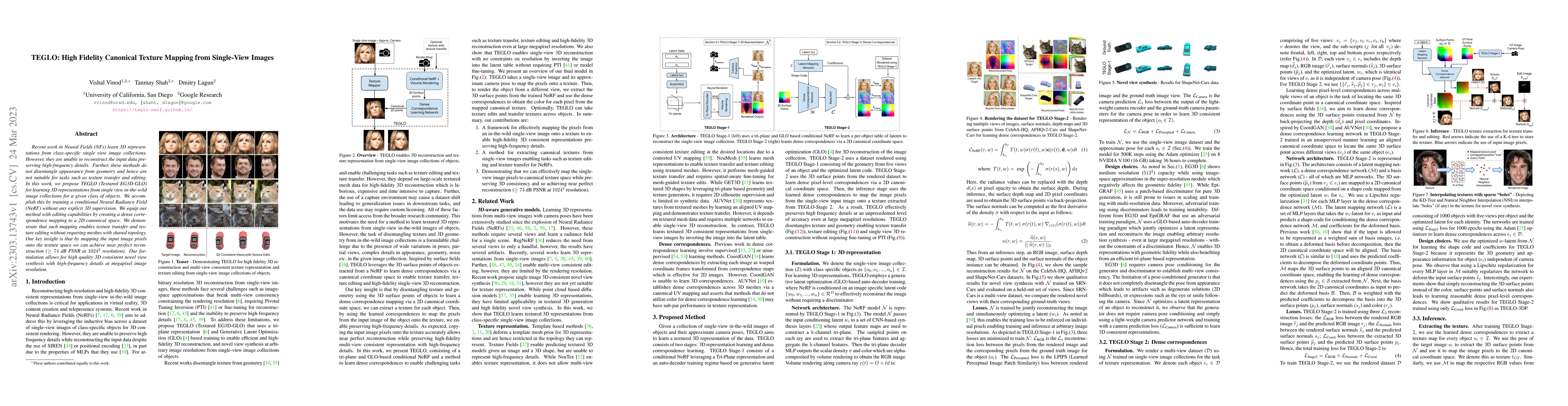 Thumbnail for TEGLO: High Fidelity Canonical Texture Mapping from Single-View Images
