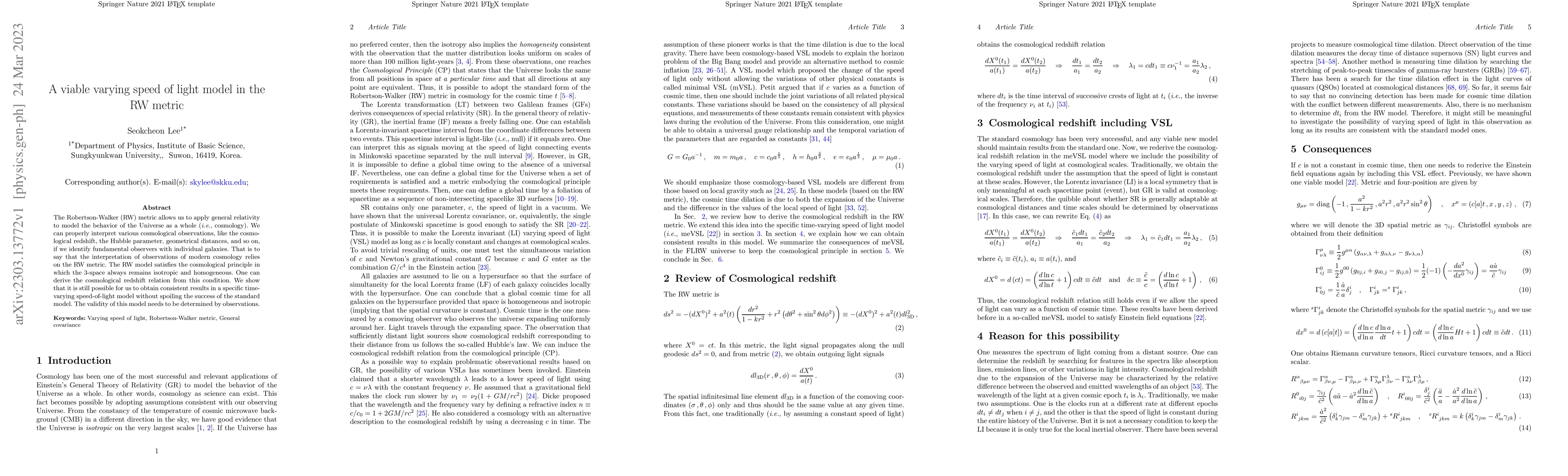 Thumbnail for A viable varying speed of light model in the RW metric