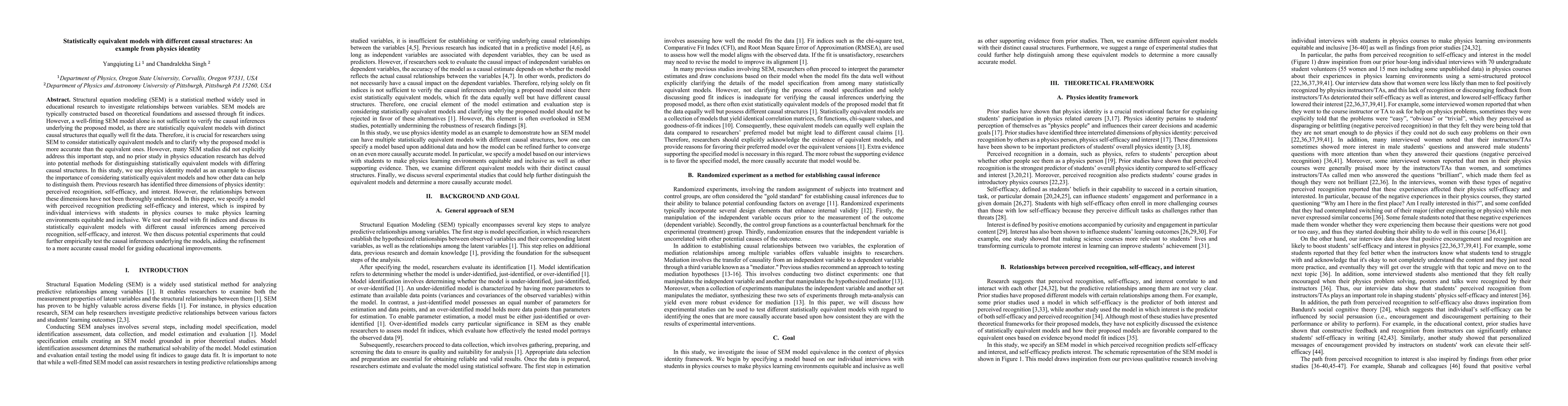 Thumbnail for Statistically equivalent models with different causal structures: An
  example from physics identity