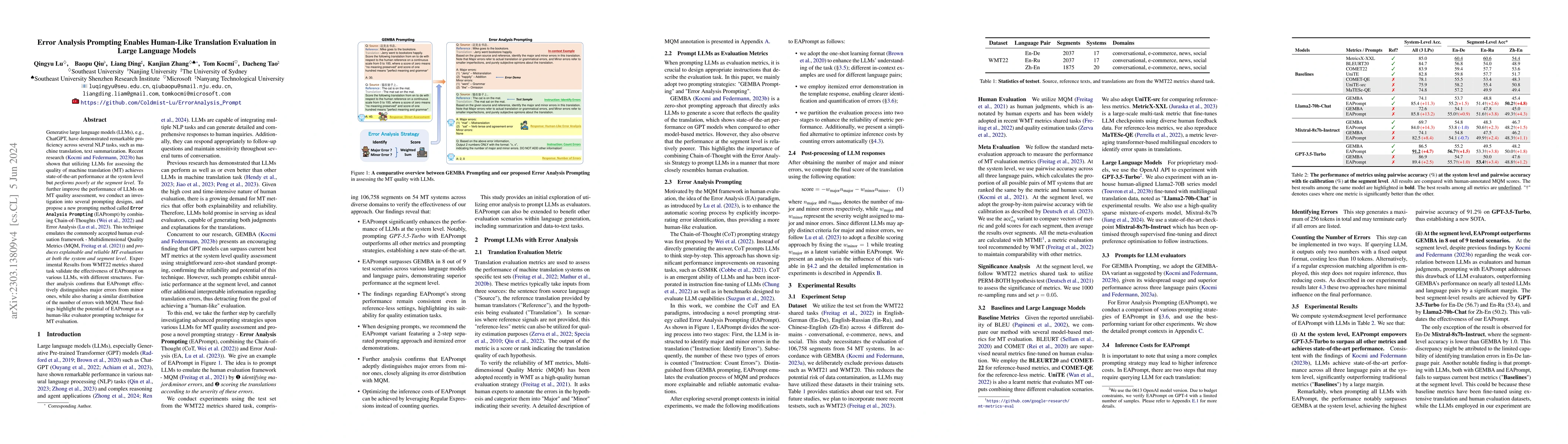 Thumbnail for Error Analysis Prompting Enables Human-Like Translation Evaluation in
  Large Language Models