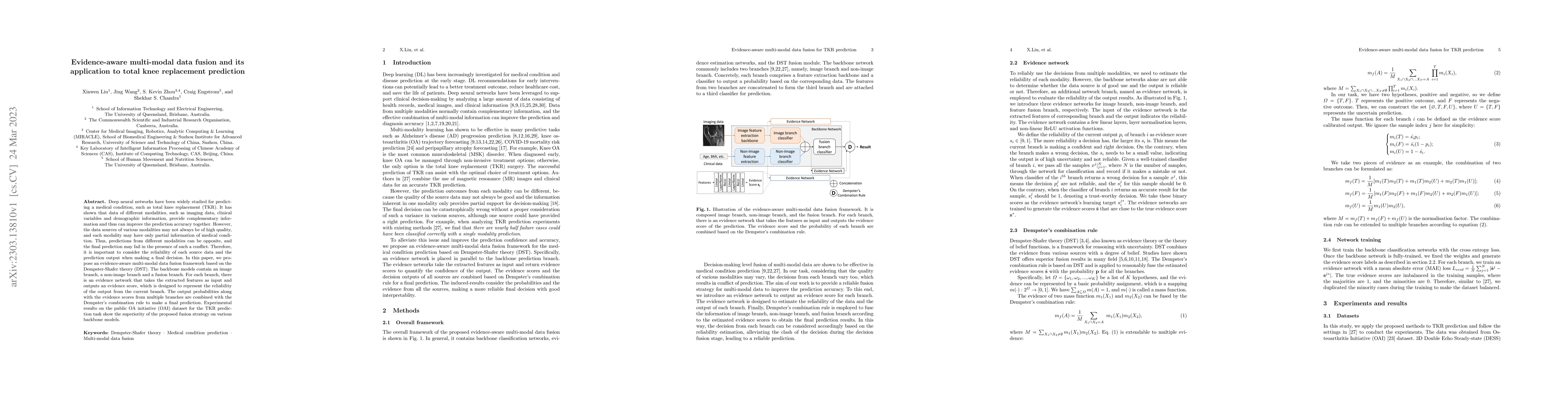 Thumbnail for Evidence-aware multi-modal data fusion and its application to total knee
  replacement prediction
