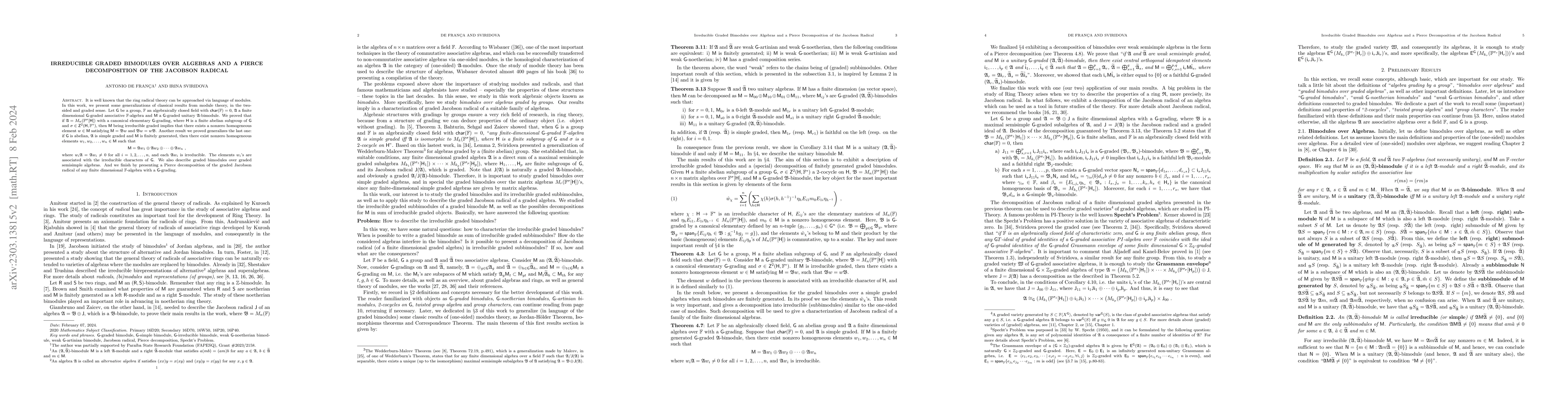 Thumbnail for Irreducible Graded Bimodules over Algebras and a Pierce Decomposition of
  the Jacobson Radical