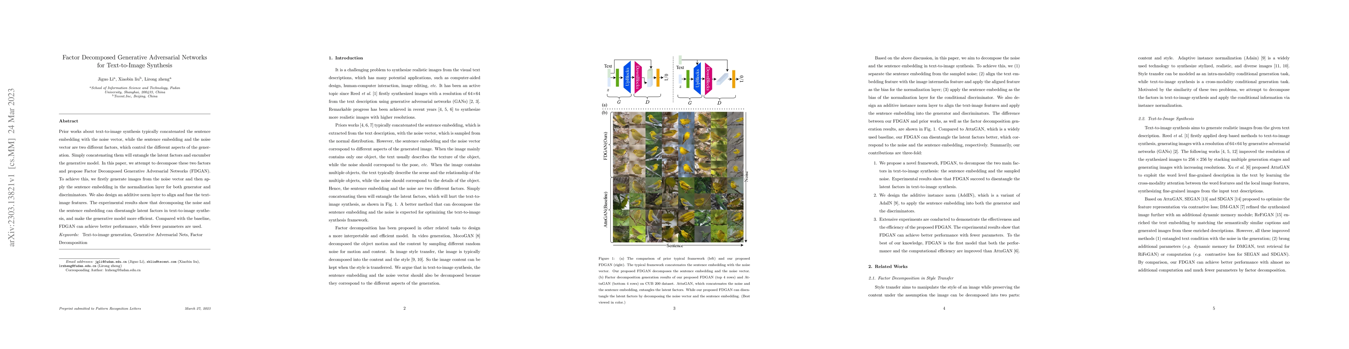 Thumbnail for Factor Decomposed Generative Adversarial Networks for Text-to-Image
  Synthesis