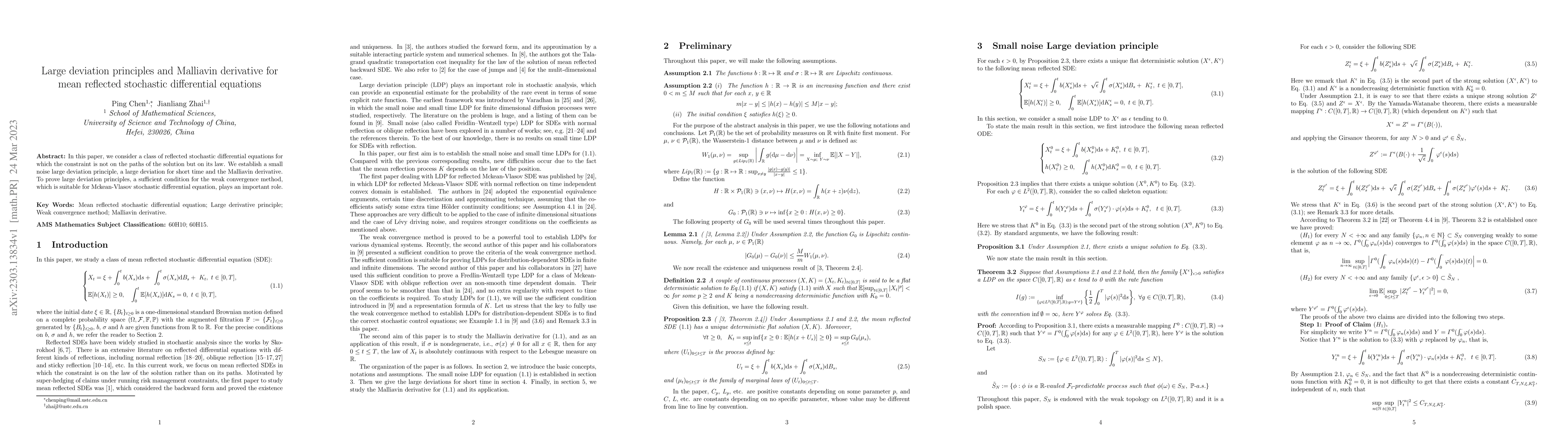 Thumbnail for Large deviation principles and Malliavin derivative for mean reflected
  stochastic differential equations