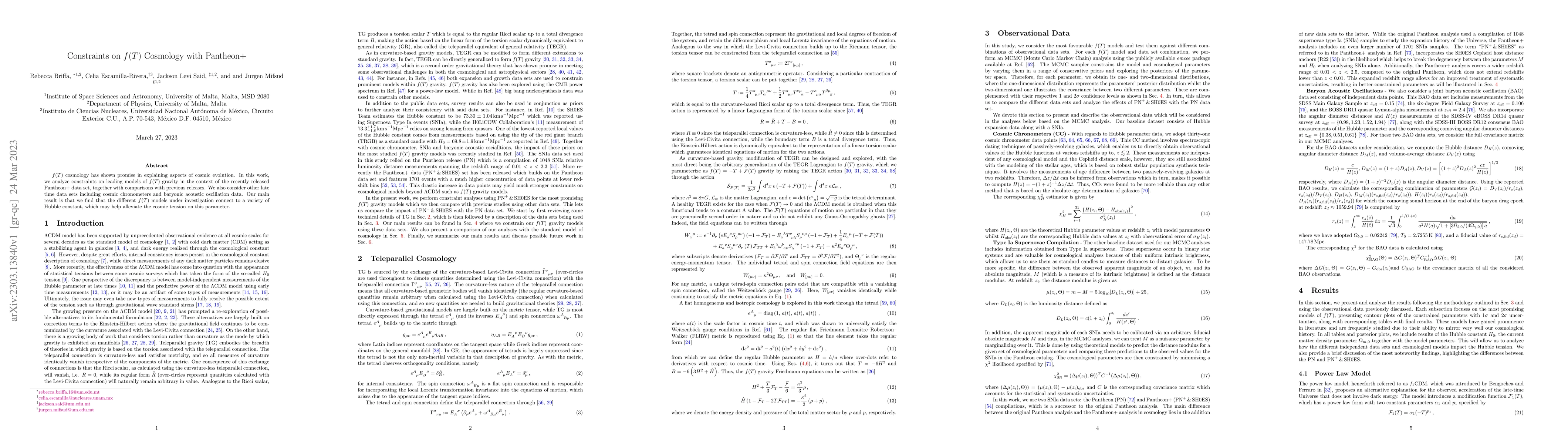 Thumbnail for Constraints on $f(T)$ Cosmology with Pantheon+