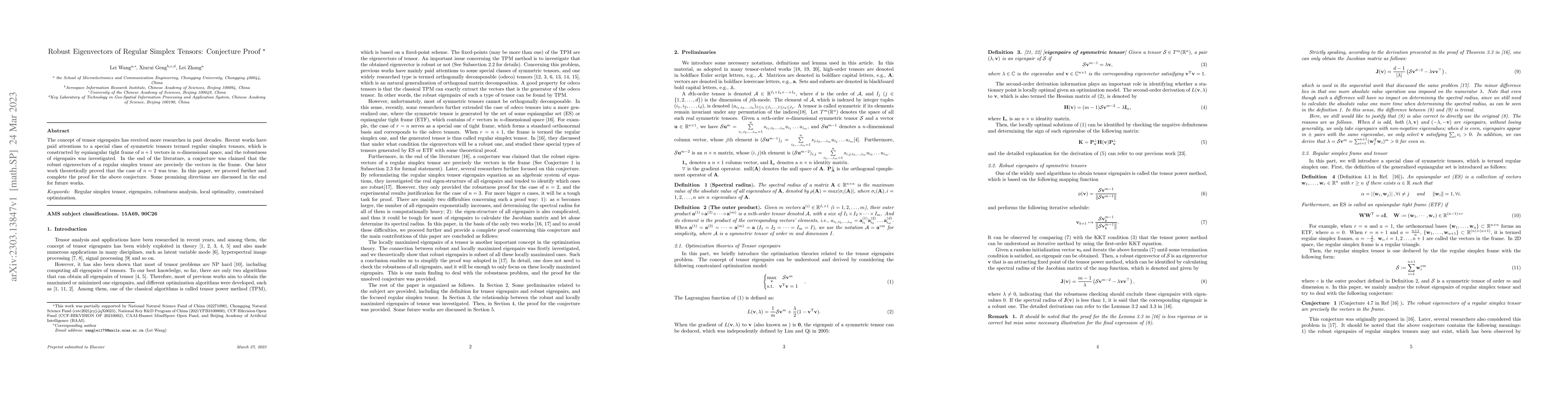 Thumbnail for Robust Eigenvectors of Regular Simplex Tensors: Conjecture Proof