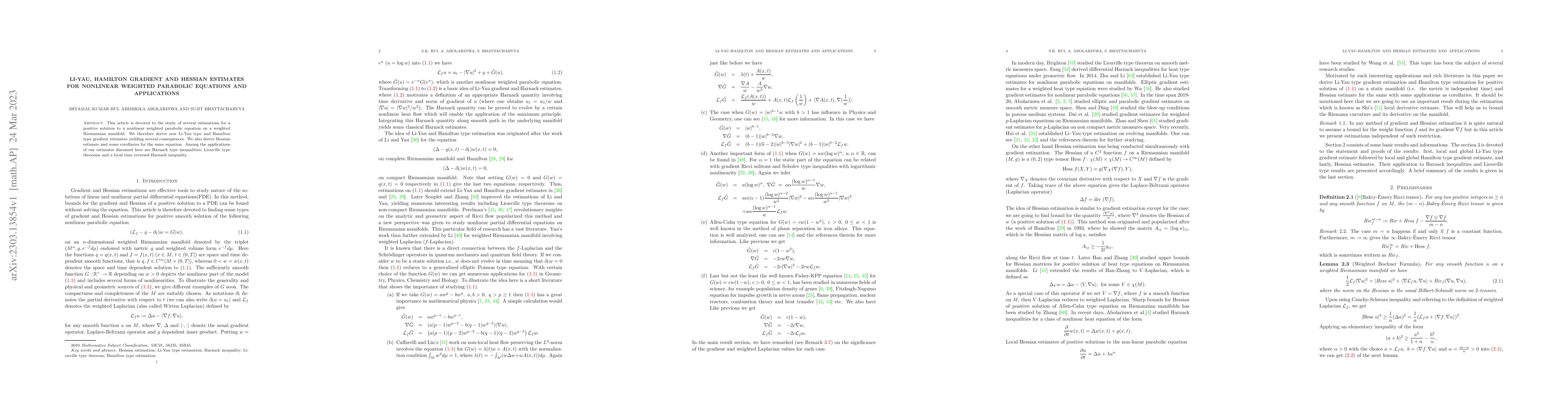 Thumbnail for Li-Yau, Hamilton gradient and Hessian estimates for nonlinear weighted
  parabolic equations and applications