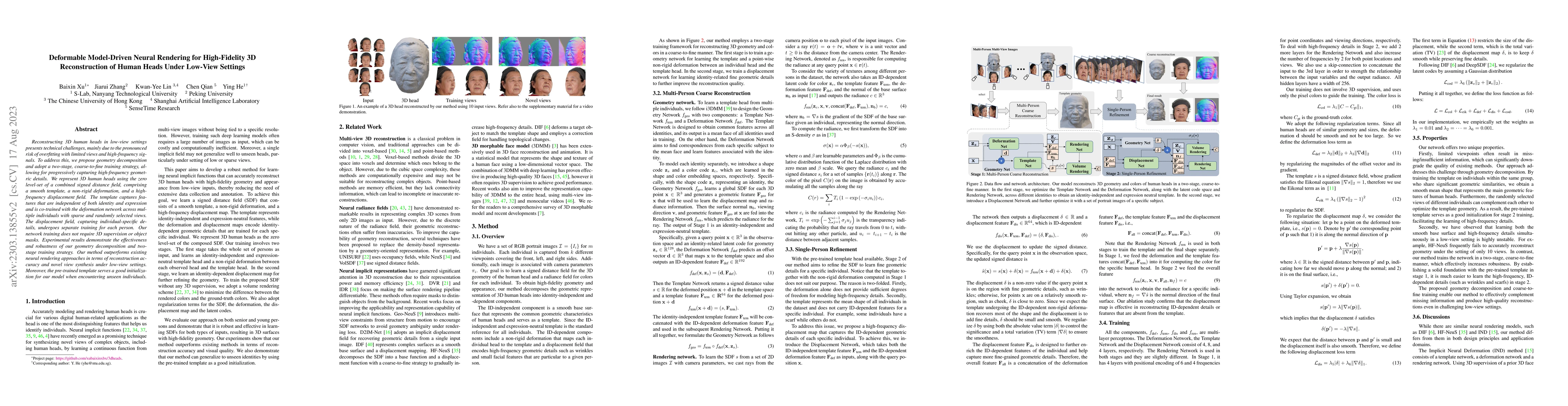 Thumbnail for Deformable Model-Driven Neural Rendering for High-Fidelity 3D
  Reconstruction of Human Heads Under Low-View Settings