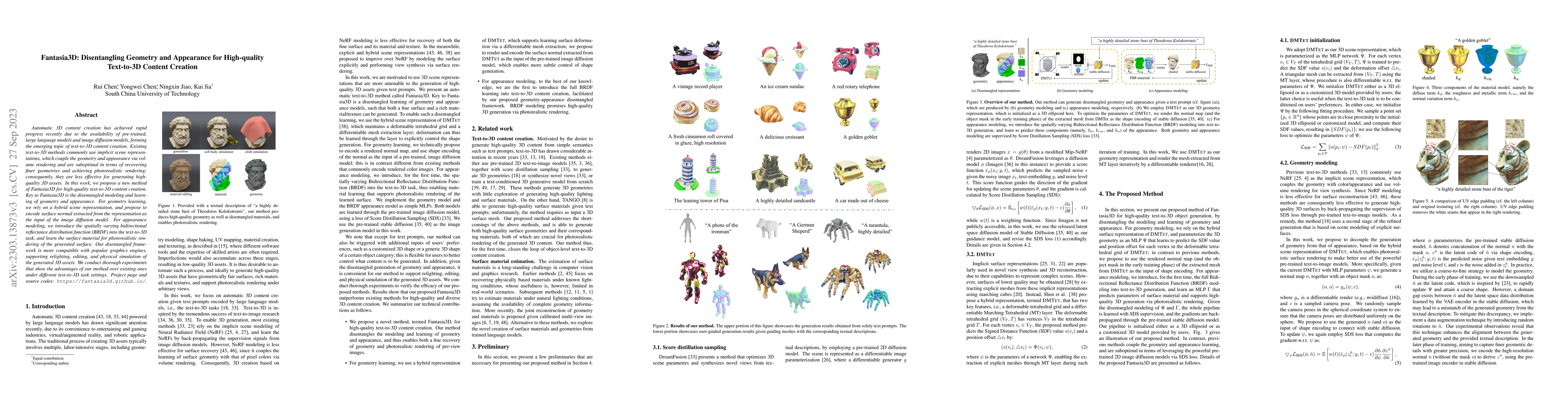 Thumbnail for Fantasia3D: Disentangling Geometry and Appearance for High-quality
  Text-to-3D Content Creation