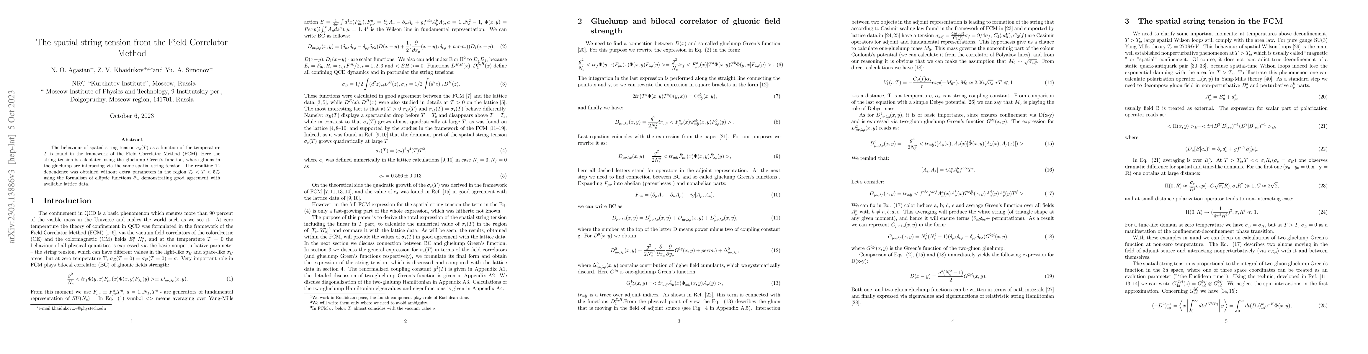 Thumbnail for The spatial string tension from the Field Correlator Method