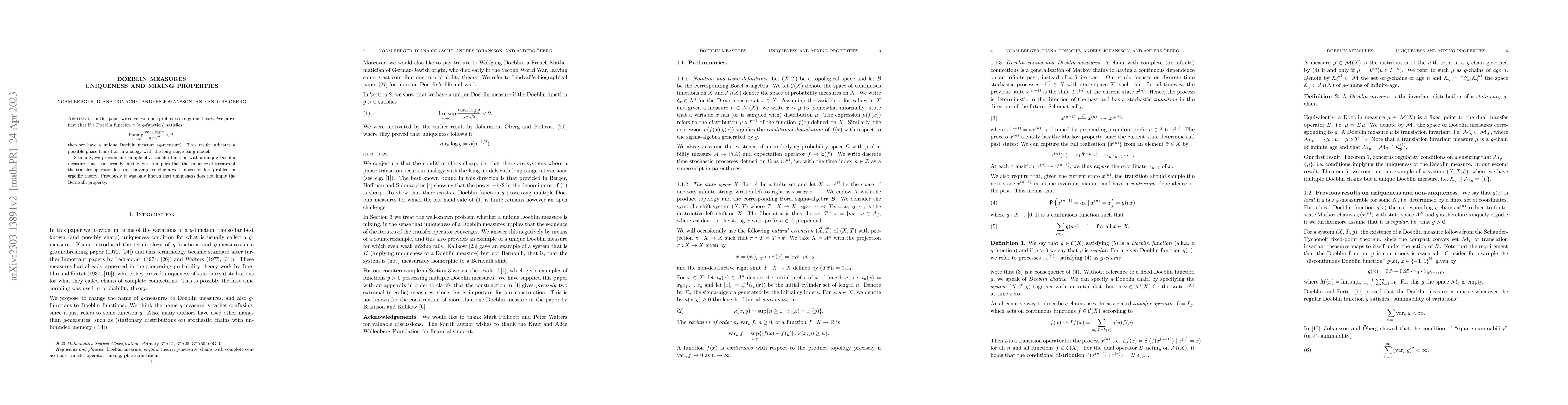 Thumbnail for Doeblin measures: uniqueness and mixing properties