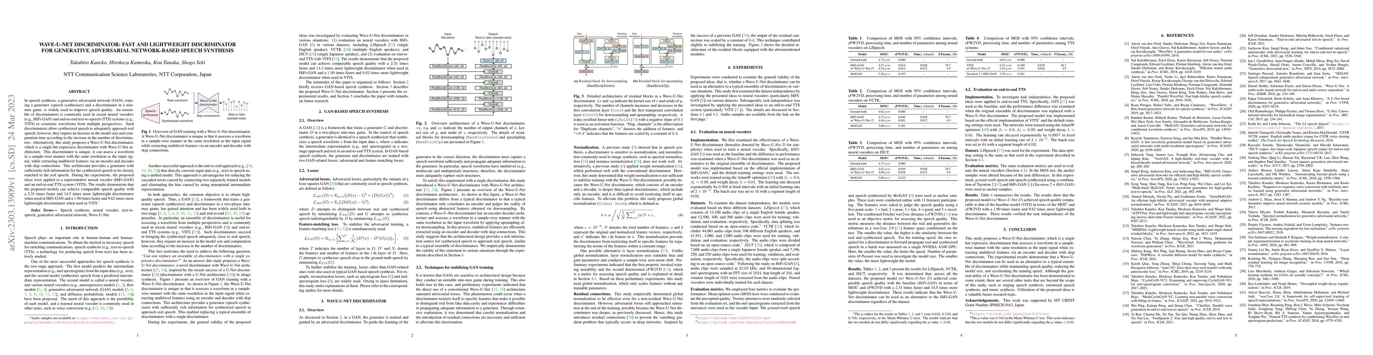 Thumbnail for Wave-U-Net Discriminator: Fast and Lightweight Discriminator for
  Generative Adversarial Network-Based Speech Synthesis