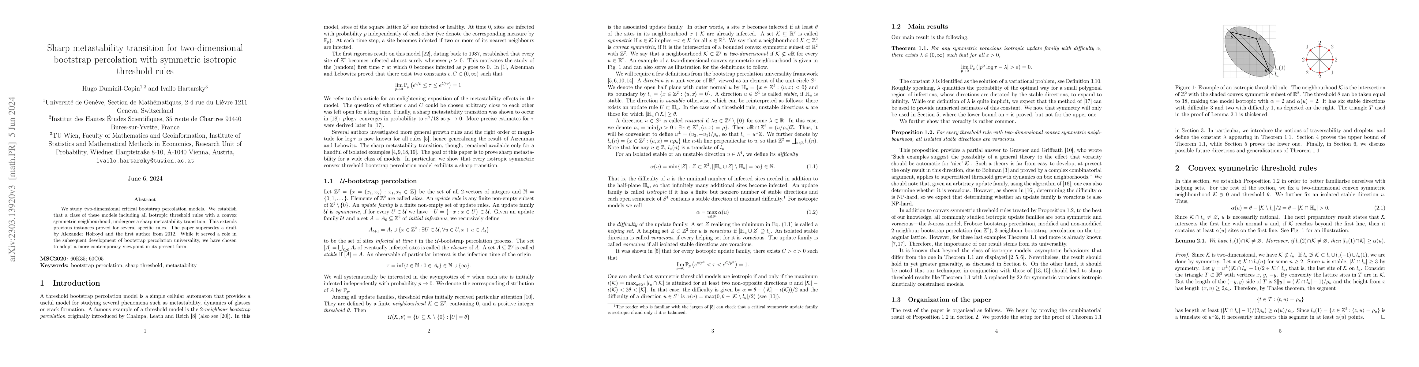 Thumbnail for Sharp metastability transition for two-dimensional bootstrap percolation
  with symmetric isotropic threshold rules