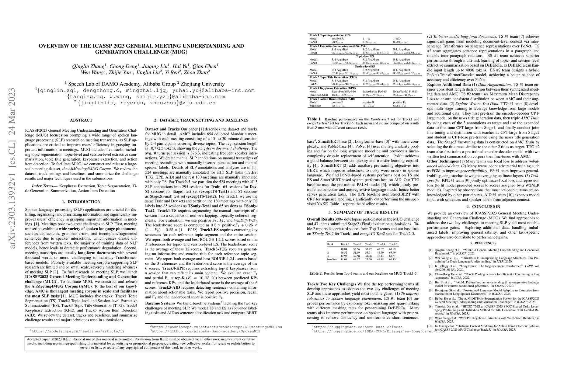 Thumbnail for Overview of the ICASSP 2023 General Meeting Understanding and Generation
  Challenge (MUG)