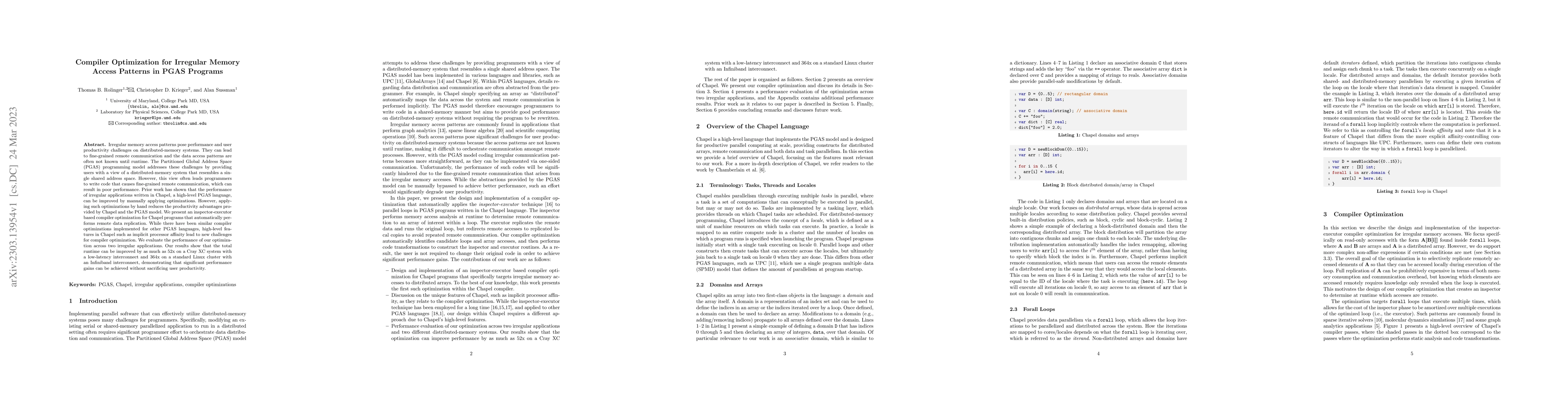 Thumbnail for Compiler Optimization for Irregular Memory Access Patterns in PGAS
  Programs
