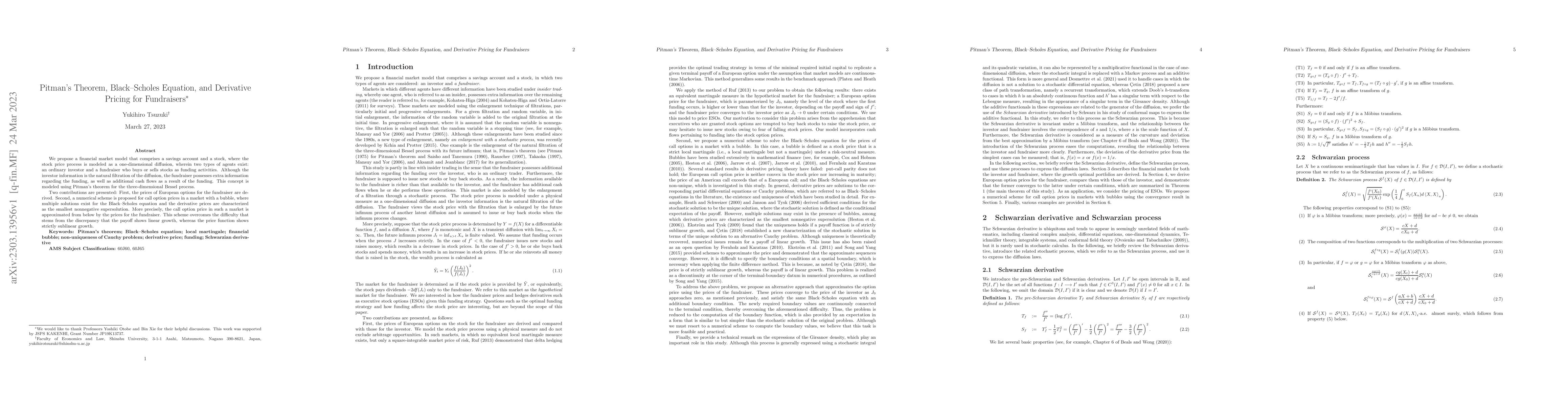 Thumbnail for Pitman's Theorem, Black-Scholes Equation, and Derivative Pricing for
  Fundraisers