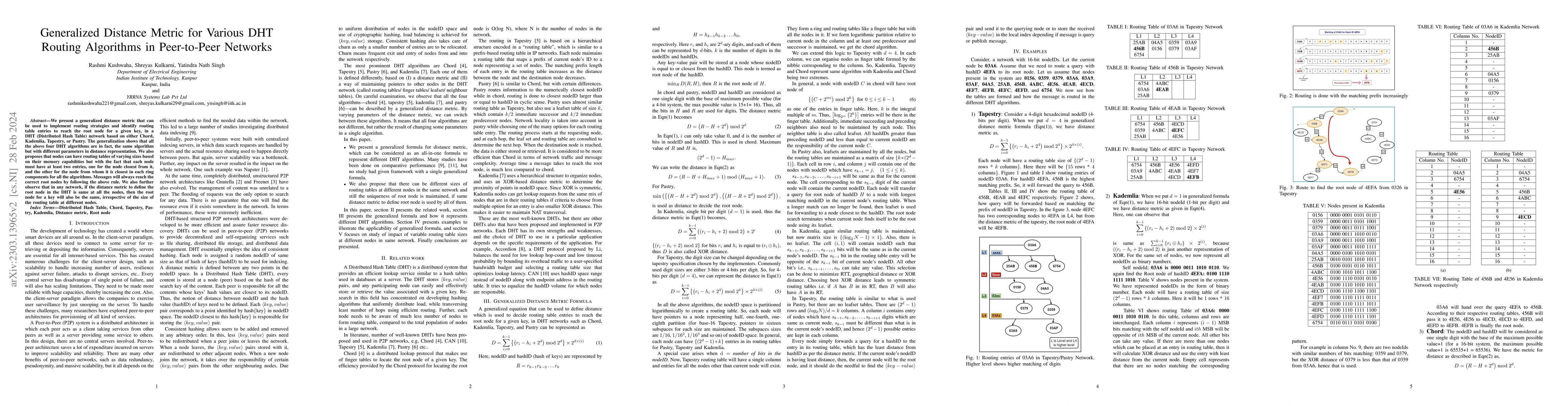 Thumbnail for Generalized Distance Metric for Various DHT Routing Algorithms in
  Peer-to-Peer Networks