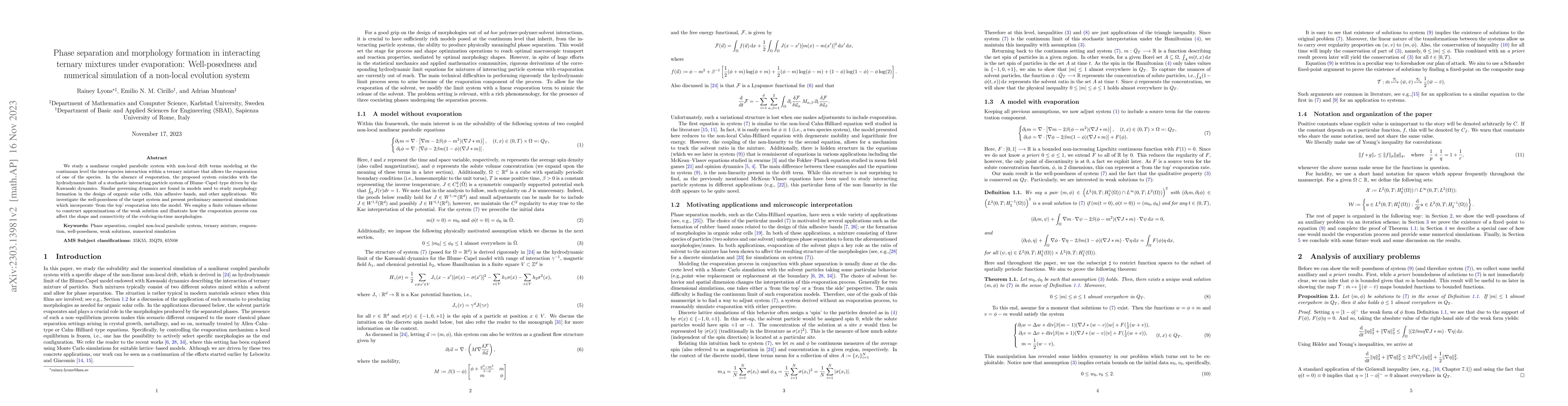 Thumbnail for Phase separation and morphology formation in interacting ternary
  mixtures under evaporation: Well-posedness and numerical simulation of a
  non-local evolution system