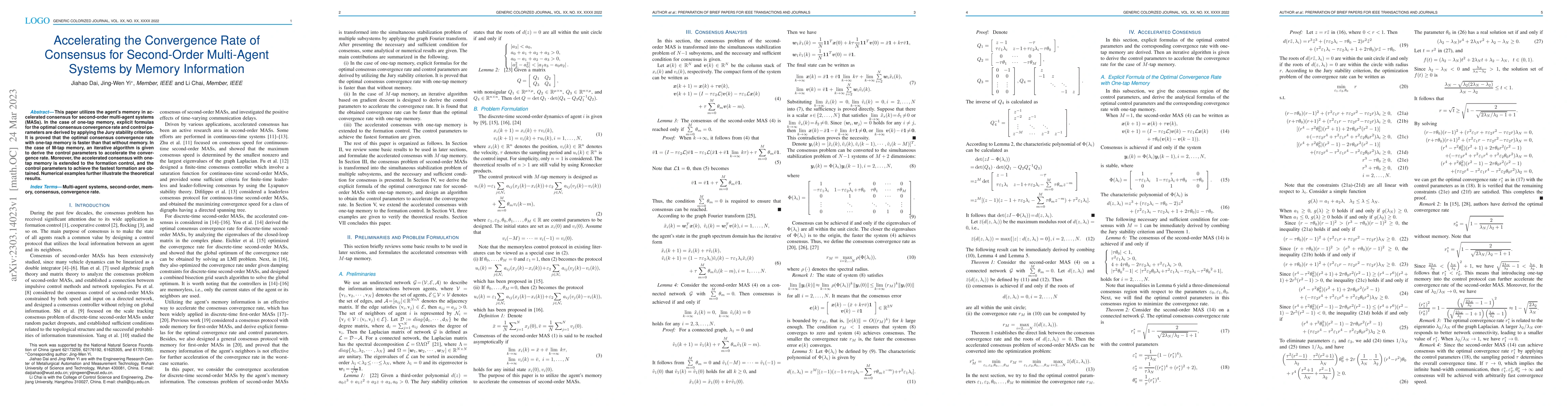 Thumbnail for Accelerating the Convergence Rate of Consensus for Second-Order
  Multi-Agent Systems by Memory Information