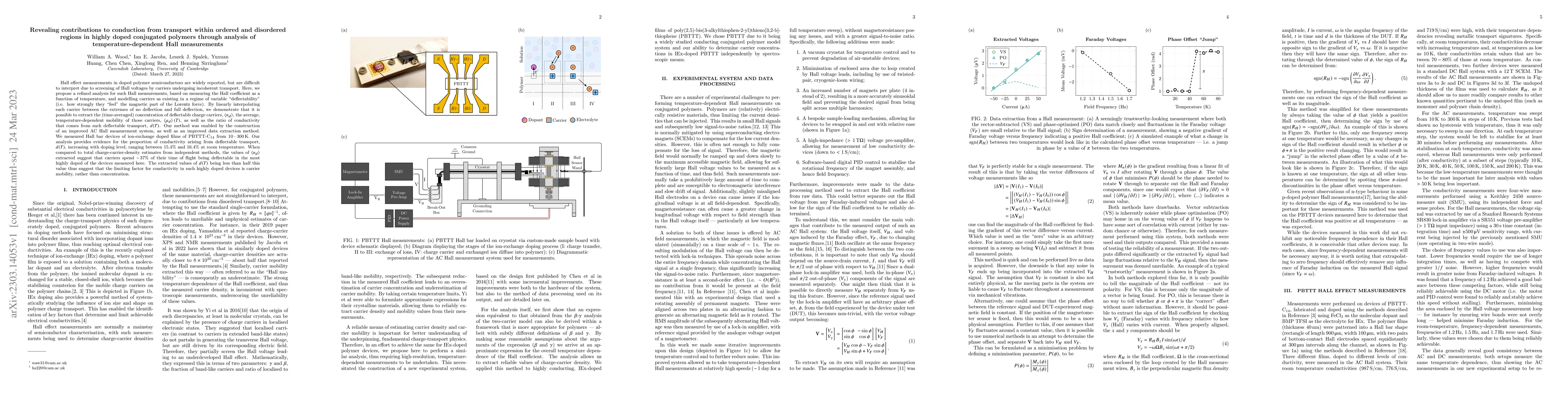 Thumbnail for Revealing contributions to conduction from transport within ordered and
  disordered regions in highly doped conjugated polymers through analysis of
  temperature-dependent Hall measurements
