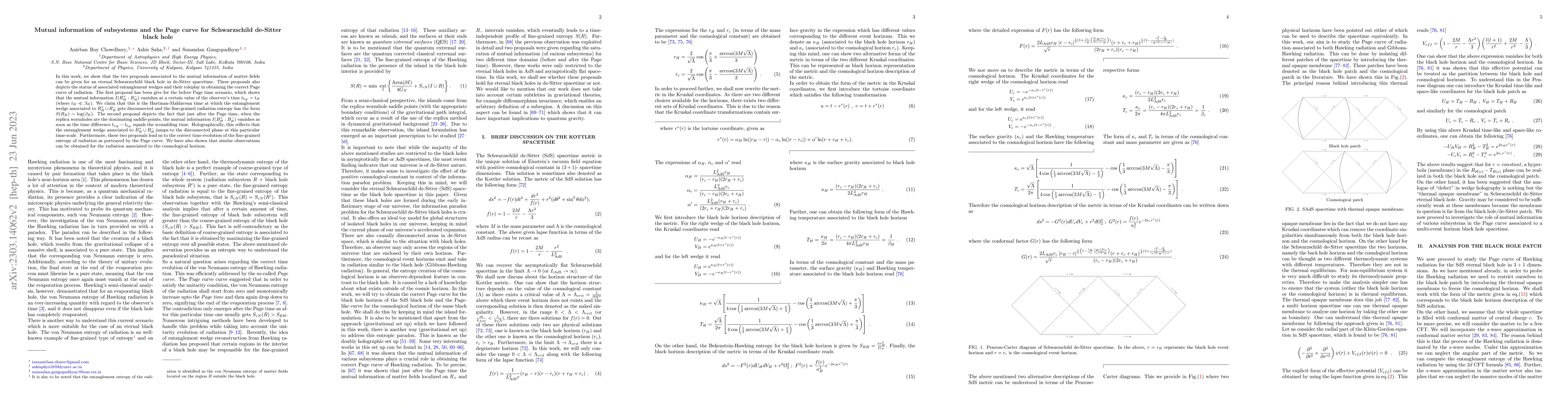 Thumbnail for Mutual information of subsystems and the Page curve for Schwarzschild
  de-Sitter black hole