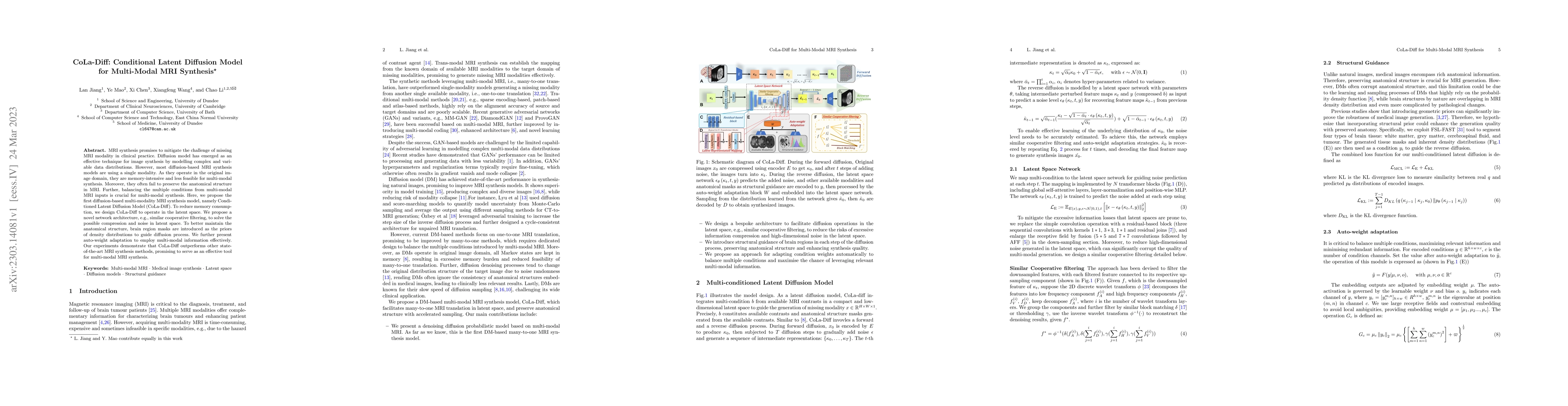 Thumbnail for CoLa-Diff: Conditional Latent Diffusion Model for Multi-Modal MRI
  Synthesis