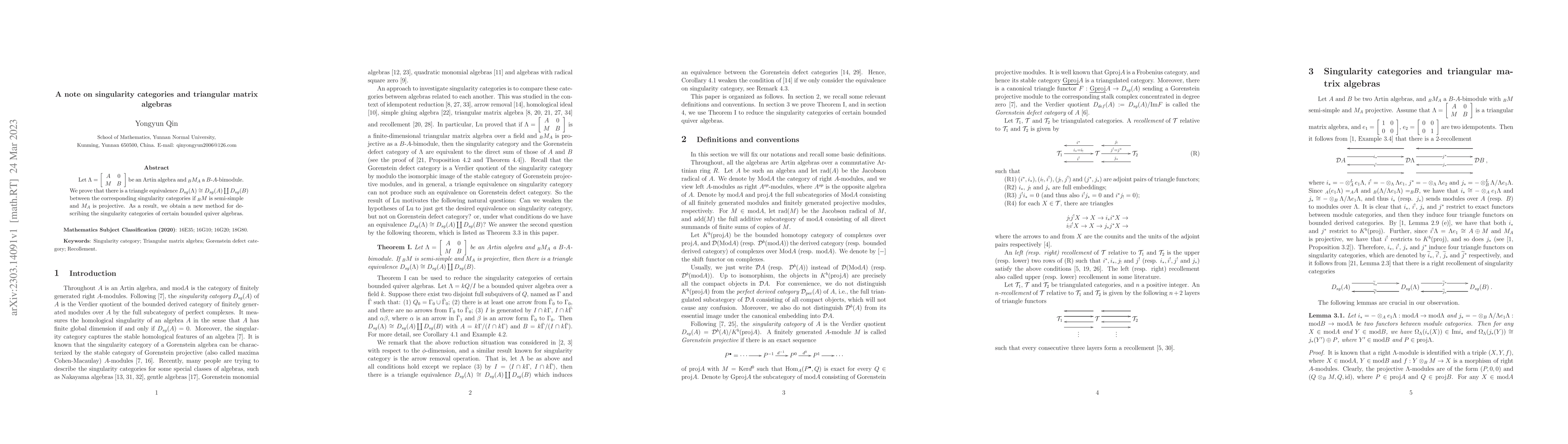Thumbnail for A note on singularity categories and triangular matrix algebras