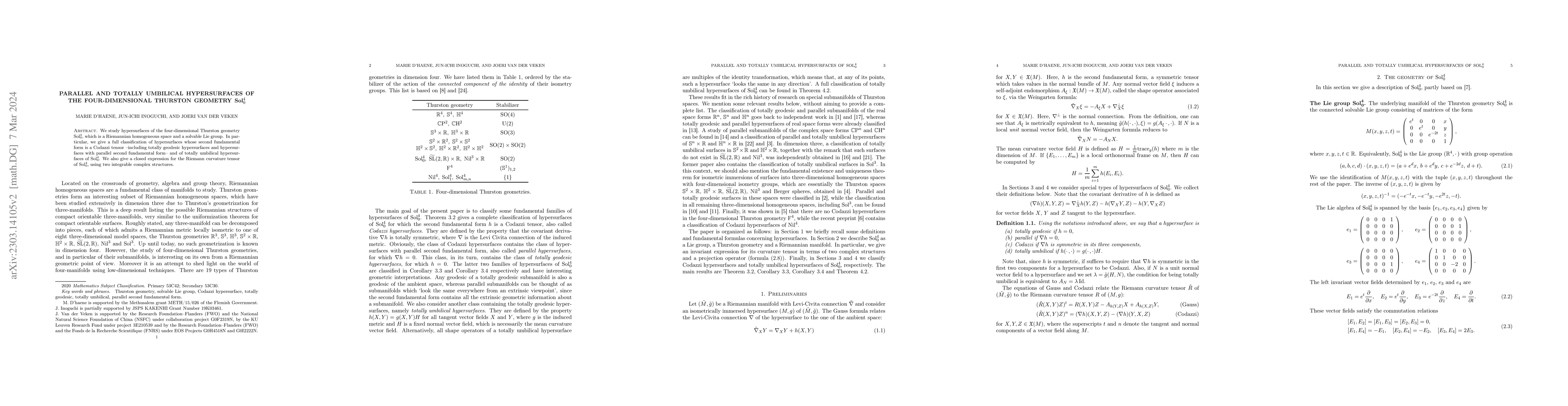 Thumbnail for Parallel and totally umbilical hypersurfaces of the four-dimensional
  Thurston geometry $\text{Sol}^4_0$